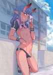  1girl aqua_eyes blue_hair blue_sky blush breasts cloud colored_skin ear_piercing flaccid futanari grin highres jack_rockhardt letter long_hair looking_at_viewer navel nipples oni open_mouth original outdoors panties penis piercing pointy_ears red_skin shrug_(clothing) sky small_breasts smile solo sweat towel towel_around_neck underwear wristband 
