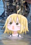  1girl 1other ahoge black_eyes blonde_hair hair_between_eyes highres ii_(wired_) medium_hair military_uniform null-meta open_mouth outdoors partially_submerged rectangular_mouth soldier solid_circle_pupils solo_focus uniform uozumi_kurumi v-shaped_eyebrows water wet wet_hair 