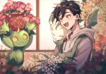 1boy apron black_hair blurry blurry_background bouquet closed_eyes closed_mouth commentary_request crossover flower flower_basket green_apron grey_hoodie hair_between_eyes hair_ornament hairclip highres holding holding_bouquet hood hood_down hoodie indoors kagerou_project leafeon long_sleeves looking_at_another male_focus maractus mokemoke_chan object_on_head on_shoulder open_mouth pink_flower pink_rose plant pokemon pokemon_(creature) pokemon_on_shoulder rose seto_kousuke short_hair teeth upper_body upper_teeth_only window x_hair_ornament yellow_eyes 