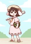  1girl animal_ears bandaid bandaid_on_knee baseball_bat brown_eyes brown_hair bunny_ears bush carrot_necklace carrying_over_shoulder carrying_under_arm cloud commentary dress eyebrows_visible_through_hair food fruit full_body highres holding holding_food holding_fruit inaba_tewi metal_baseball_bat open_mouth outdoors pink_dress poronegi puffy_short_sleeves puffy_sleeves sandals shadow short_hair short_sleeves slippers solo standing touhou watermelon 