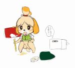 2018 animal_crossing anthro bodily_fluids bottomless bottomless_female breath canid canine canis clothed clothing crouching discarded_clothing domestic_dog female female_peeing genital_fluids genitals isabelle_(animal_crossing) japanese_text mammal nintendo open_mouth panties_removed peeing pussy sake_kemosalmon shih_tzu simple_background sketch skirt_removed solo text toy_dog urine urine_stream white_background