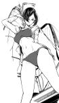  1girl boat cowboy_shot endou_okito greyscale hair_over_one_eye highres jacket looking_down monochrome navel open_clothes open_jacket open_mouth otohime_diver short_hair solo sports_bikini tank_top thighs watercraft zipper_pull_tab 