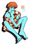  1girl 2021 blue_skin braid braided_ponytail breasts closed_mouth colored_skin dated floral_print full_body highres jacket limited_palette logo long_hair long_sleeves looking_at_viewer naked_jacket nipples no_sclera orange_eyes orange_hair orange_jacket original simple_background sitting small_breasts solo tsurikawa373 white_background 