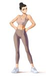  1girl absurdres bare_arms bare_shoulders black_hair breasts brown_eyes brown_leggings collarbone commentary english_commentary full_body hair_bun hair_pulled_back hands_on_own_hips head_tilt highres leggings long_hair looking_at_viewer medium_breasts midriff navel original pants parted_lips shoes simple_background single_hair_bun sneakers solo sports_bra standing tbocart tight_clothes toned white_background white_footwear 
