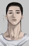  1boy black_eyes black_hair collarbone fukatsu_kazunari grey_background male_focus ood_do0 shirt short_hair simple_background sketch slam_dunk_(series) solo teeth upper_body white_shirt 