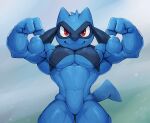 2023 2d_animation absurd_res animated anthro biceps big_muscles blue_background bodily_fluids flexing front_view fur generation_4_pokemon hi_res huge_muscles looking_at_viewer loop male muscular muscular_anthro muscular_male navel nintendo nude obliques pecs pokemon pokemon_(species) riolu short_playtime simple_background smile solo standing sweat triceps tuft waddledox