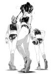  3girls adjusting_clothes aihara_akito back buruma gas_mask greyscale highres mask midriff monochrome multiple_girls original ponytail short_hair sportswear sweat 