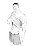  1boy abs absurdres buzz_cut clothes_lift covering_own_mouth cropped_legs greyscale guilty_challenge_(meme) half-closed_eyes hand_over_own_mouth hand_under_clothes hand_under_shirt highres male_focus meme monochrome navel nolja_cz sawakita_eiji shirt shirt_lift short_hair simple_background slam_dunk_(series) solo undercut very_short_hair 