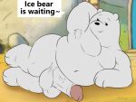anthro armpit_hair balls bear belly big_balls big_belly big_penis black_nose body_hair camp14 cartoon_network dialogue dot_eyes front_view fur garden genitals hi_res ice_bear lying male mammal moobs on_side overweight overweight_male penis pinup polar_bear pose presenting smile solo ursine we_bare_bears white_body white_fur