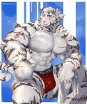abs absurd_res anthro arknights bulge clothing felid hi_res hypergryph kawaakumma male mammal markings mountain_(arknights) pantherine pecs shirtless simple_background solo striped_body stripes studio_montagne tiger white_body