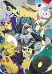  1girl ahoge ampharos bellibolt black_footwear black_sleeves blue_eyes blue_hair blue_necktie boots breasts chinchou collared_shirt commentary_request denki_yohou_(vocaloid) detached_sleeves domidomi444 feet_up floating_hair full_body grey_background grey_shirt hair_ornament hatsune_miku helioptile highres long_hair looking_at_viewer medium_breasts mimikyu minun miraidon necktie open_mouth pelipper pikachu plusle pokemon pokemon_(creature) project_voltage shirt shoulder_tattoo sleeveless sleeveless_shirt sleeves_past_fingers sleeves_past_wrists smile solo song_name tattoo thigh_boots togedemaru translation_request twintails very_long_hair vocaloid zettai_ryouiki 
