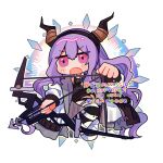  1girl :o arknights arrow_(projectile) black_leotard black_socks blush_stickers boots bow_(weapon) chibi commission diamond_(shape) drawing_bow fake_horns fang hair_between_eyes highres holding holding_bow_(weapon) holding_weapon horn_hairband horns jacket jitome kneehighs leotard long_hair long_sleeves looking_ahead low_twintails open_clothes open_jacket open_mouth pink_eyes purple_hair simple_background socks solo sshooooe tumblr_username twintails typhon_(arknights) v-shaped_eyebrows very_long_hair watermark weapon white_background white_footwear white_jacket 