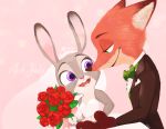  2016 anthro bride canid canine clothing disney dress duo flower fox fur green_eyes grey_body grey_fur groom hand_holding judy_hopps lagomorph leporid looking_at_another mammal nicga nick_wilde open_mouth open_smile orange_body orange_fur pink_background plant purple_eyes rabbit red_fox rose_(flower) simple_background smile wedding_dress zootopia 