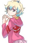  +_+ blonde_hair blue_eyes blue_hair from_behind gon3suke3 hair_between_eyes hood hood_down hoodie long_sleeves looking_at_viewer looking_back nia_teppelin parted_lips pink_hoodie short_hair steepled_fingers symbol-shaped_pupils tengen_toppa_gurren_lagann upper_body white_background 