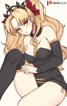  1girl adjusting_clothes adjusting_legwear artist_name bangs bare_shoulders black_legwear black_sleeves blonde_hair blush breasts cleavage detached_collar detached_sleeves earrings ereshkigal_(fate/grand_order) eyebrows_visible_through_hair fate/grand_order fate_(series) hair_ribbon head_tilt jewelry long_hair long_sleeves looking_at_viewer medium_breasts orange_eyes parted_bangs parted_lips ribbon shellvi single_thighhigh solo spine strapless thighhighs tiara two_side_up 