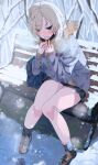  1girl blonde_hair blue_eyes blush breath brown_footwear coat cold full_body highres looking_at_viewer miniskirt original outdoors sakatsuki_yakumo scarf school_uniform short_hair sitting skirt snow snowflakes snowing solo tree winter winter_clothes winter_coat yuki_(kyou_wa_kanojo_ga_inai_kara) 