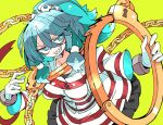  1girl aqua_eyes aqua_hair breasts cuffs dress gloves hair_ornament highres long_hair looking_at_viewer massakasama miyadeguchi_mizuchi ponytail sharp_teeth shirt sidelocks simple_background skirt skull_hair_ornament solo striped_clothes striped_shirt striped_skirt teeth touhou white_gloves yellow_background 