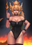  1girl blonde_hair bowsette bracelet breasts carlos_vasseur cleavage crown earrings fire horns jewelry large_breasts lava mario_(series) pointy_ears shell solo spiked_bracelet spikes tail thighs 