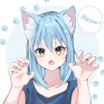  1other animal_ears blue_hair cat_ears chocoeiru fang highres humanization long_hair looking_at_viewer rimuru_tempest simple_background tensei_shitara_slime_datta_ken yellow_eyes 