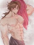  1boy after_bathing beard_stubble brown_hair facial_hair fukanona gallagher_(honkai:_star_rail) highres honkai:_star_rail honkai_(series) male_focus muscular muscular_male red_eyes scar stubble towel upper_body 