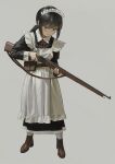  1girl annoyed black_hair black_shirt blue_eyes bolt_action commission dress garoppui grey_background gun holding holding_gun holding_weapon lebel_model_1886 maid maid_headdress original reloading rifle shirt skeb_commission solo weapon white_dress white_headdress 