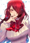  1girl bow breasts buttons closed_mouth commentary english_commentary eyelashes hair_over_one_eye kirijou_mitsuru long_hair looking_at_viewer persona persona_3 pixie_(pixieinktvis) puffy_sleeves red_bow red_hair red_lips smile solo upper_body white_background 