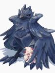  alcremie animal_focus artist_name bird black_sclera blue_feathers colored_sclera commentary_request corviknight feathered_wings feathers highres no_humans pitari pokemon pokemon_(creature) red_eyes shadow simple_background talons twitter_username watermark white_background wings 