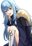  1other absurdres blue_hair chocoeiru fur_scarf highres humanization long_hair looking_at_viewer rimuru_tempest simple_background smile tensei_shitara_slime_datta_ken white_footwear yellow_eyes 