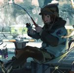 1girl absurdres beanie blue_nails blush brown_eyes brown_hair coat day fangs fishing fishing_rod hat highres holding holding_fishing_rod kukka looking_away open_mouth original outdoors short_hair sitting smile solo teeth 