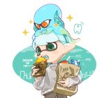  1boy bag brown_bag eating fake_horns food green_eyes grey_sweater holding holding_bag horns inkling inkling_boy octopus open_mouth orange_eyes paper_bag pointy_ears sharp_teeth short_hair sparkle spl8ya splatoon_(series) star-shaped_pupils star_(symbol) sweater symbol-shaped_pupils teeth tentacle_hair white_background 