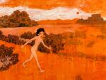  1girl animal black_hair breasts completely_nude fish full_body grass highres holding holding_animal holding_fish mouth_hold nude orange_background orange_sky orange_theme original painting_(medium) running short_hair sky small_breasts solo sun traditional_media tsurikawa373 wide_shot 