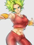  1girl abs armpit_peek arms_at_sides bracelet breasts clenched_teeth collarbone cowboy_shot crop_top dragon_ball dragon_ball_super earrings eyelashes fingernails frown green_eyes green_hair grey_background grin head_tilt jewelry kefla_(dragon_ball) kemachiku large_breasts looking_away midriff muscle muscular_female outstretched_arms pants parted_lips potara_earrings red_pants short_hair simple_background sleeveless smile solo spiked_hair stomach super_saiyan teeth v-shaped_eyebrows very_short_hair 