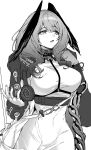  1girl absurdres arknights breasts chest_harness commentary_request covered_navel fingerless_gloves fingernails gloves greyscale hair_between_eyes harness head_wings highres ho&#039;olheyak_(arknights) infection_monitor_(arknights) kaguura_(kagu) large_breasts long_hair monochrome open_mouth sharp_teeth simple_background skin_tight slit_pupils solo teeth white_background wings 