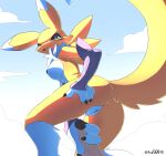 absurd_res ando anthro bandai_namco canid canine cloud digimon digimon_(species) female genitals hi_res low-angle_view mammal penis penis_grab renamon sky solo tongue tongue_out worm&#039;s-eye_view