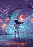 1girl artist_name barefoot black_hair black_shorts cloud constellation crescent_moon elentori english_commentary english_text fish floating_hair flower flying_whale from_behind glowing grass hair_flower hair_ornament highres holding horizon long_hair moon night night_sky ocean original outdoors petals qinni_(artist) shirt short_shorts short_sleeves shorts signature sky solo standing water whale white_shirt wind 