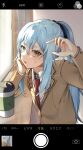  1other absurdres blue_hair chocoeiru coffee coffee_cup cup disposable_cup hand_on_own_face highres humanization long_hair looking_at_viewer rimuru_tempest sweatdrop tensei_shitara_slime_datta_ken yellow_eyes 