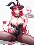  1girl absurdres animal_ears azur_lane black_bow black_bowtie black_leotard bow bowtie cup detached_collar drinking_glass fake_animal_ears hand_up highres hindenburg_(azur_lane) hindenburg_(delirious_duel)_(azur_lane) holding holding_cup holding_tray horns leotard long_hair looking_at_viewer luai pantyhose parted_lips pink_eyes playboy_bunny pointy_ears pouring rabbit_ears red_hair simple_background solo strapless strapless_leotard tail thighs tray very_long_hair white_background wine_glass 