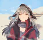  1girl absurdres animal_ears arknights beanie black_headwear black_jacket closed_eyes ears_through_headwear facing_viewer frostleaf_(arknights) grey_hair grey_shirt hat headphones highres jacket long_hair open_clothes open_jacket parted_lips shirt solo suzubotan upper_body very_long_hair 