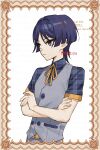  1boy artist_name belt belt_buckle blue_hair blue_shirt border brown_border buckle buttons choppy_bangs closed_mouth collared_shirt commentary_request crossed_arms dark_blue_hair dated frown genshin_impact grey_vest hair_between_eyes hair_intakes highres male_focus neck_ribbon ojo_aa orange_belt orange_ribbon parted_bangs purple_eyes ribbon scaramouche_(genshin_impact) shirt short_hair short_sleeves sidelocks signature simple_background solo twitter_username v-shaped_eyebrows vest watermark white_background wing_collar 