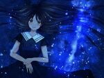  1girl black_hair collared_dress dress green_eyes hair_spread_out long_hair looking_to_the_side lying on_back original own_hands_together short_sleeves sky smile solo star_(sky) starry_sky suzuko_(suzukosz) very_long_hair 