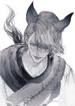  1boy alchimie animal_ears final_fantasy final_fantasy_xvi grey_hair greyscale hair_over_one_eye highres horse_boy horse_ears horse_tail layered_clothes male_focus monochrome one_eye_covered parted_lips sleipnir_harbard smile solo tail twitter_username upper_body wavy_hair white_background 