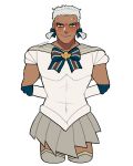  1boy arms_behind_back artist_name bishoujo_senshi_sailor_moon blush closed_mouth collarbone commentary covered_pectorals cropped_legs crossdressing dark-skinned_male dark_skin dedue_molinaro english_commentary fire_emblem fire_emblem:_three_houses green_eyes grey_skirt highres male_focus pleated_skirt short_hair simple_background skirt smile smkittykat solo sweat twitter_username white_background white_hair 