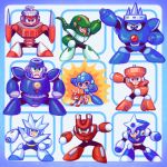  6+boys blue_eyes closed_mouth gemini_man green_eyes hard_man highres humanoid_robot laser-lance looking_at_viewer magnet_man mega_man_(character) mega_man_(classic) mega_man_(series) mega_man_3 multiple_boys needle_man red_eyes robot rush_(mega_man) shadow_man_(mega_man) smile snake_man spark_man top_man 