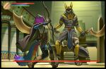 anthro anubis anubislivess armor battle blue_body boots boss bottomwear bow_(weapon) canid canine canis cloak clothing codyblue-731 corset crop_top deity duo ear_piercing egyptian egyptian_mythology fighting_pose footwear gameplay_mechanics gloves gold_(metal) gold_armor grey_body gui hair handwear health_bar hi_res holding_object holding_weapon icarus_skyhawk jackal lingerie male male/male mammal middle_eastern_mythology mythology piercing pose purple_hair ranged_weapon shirt shorts sparkledog status_effect stokings topwear weapon