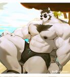 abs anthro beach bear big_muscles black_bottomwear black_clothing black_nipples black_pants blue_clothing blue_shirt blue_topwear bottomwear bulge chest_tuft clothed clothing doooo2424 eyewear footwear hi_res huge_muscles male mammal muscular muscular_anthro muscular_male nipples pants pecs sandals seaside shirt solo sunglasses topless topless_anthro topless_male topwear tuft white_body