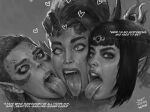  3girls absurdres ahegao artist_name baldur&#039;s_gate baldur&#039;s_gate_3 black_hair broken_horn circlet dungeons_and_dragons elf english_text gith_(dungeons_and_dragons) greyscale highres horns justsomenoob karlach lae&#039;zel looking_at_viewer monochrome multiple_girls open_mouth pointy_ears portrait saliva saliva_trail shadowheart_(baldur&#039;s_gate) teeth tiefling tongue tongue_out upper_teeth_only 