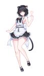  1girl alternate_costume animal_ear_hairband animal_ears apron artist_request back_bow black_bow black_footwear black_hair black_skirt black_tail blade_&amp;_soul blush bow breasts cat_ear_hairband cat_ears cat_tail commentary_request enmaided fake_animal_ears frilled_apron frilled_skirt frills full_body hairband hand_up heart highres korean_commentary looking_at_viewer maid maid_apron medium_breasts nearly_naked_apron prunechi red_eyes shoes short_hair sideboob skirt smile solo standing standing_on_one_leg tail thighs white_apron white_background white_bow 