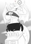  2019 5_fingers ? anthro big_breasts breasts building clothing destruction dragon english_text female fingers greyscale growth hi_res holding_object house huge_breasts macro membrane_(anatomy) membranous_wings monochrome outside robthehoopedchipmunk scalie size_transformation solo text torn_clothing wings 