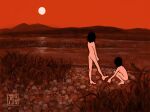  2girls artist_logo black_hair completely_nude facing_away full_body grass highres kneeling multiple_girls nude original painting_(medium) red_background red_sky red_theme short_hair sky solo standing sun traditional_media tsurikawa373 water wide_shot 