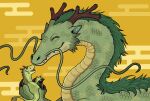  antlers chinese_zodiac claws closed_eyes closed_mouth dragon eastern_dragon egasumi facing_another green_scales hands_up highres holding_baby horns new_year no_humans original riokku_heya scales sharp_teeth smile teeth upper_body whiskers year_of_the_dragon yellow_background 